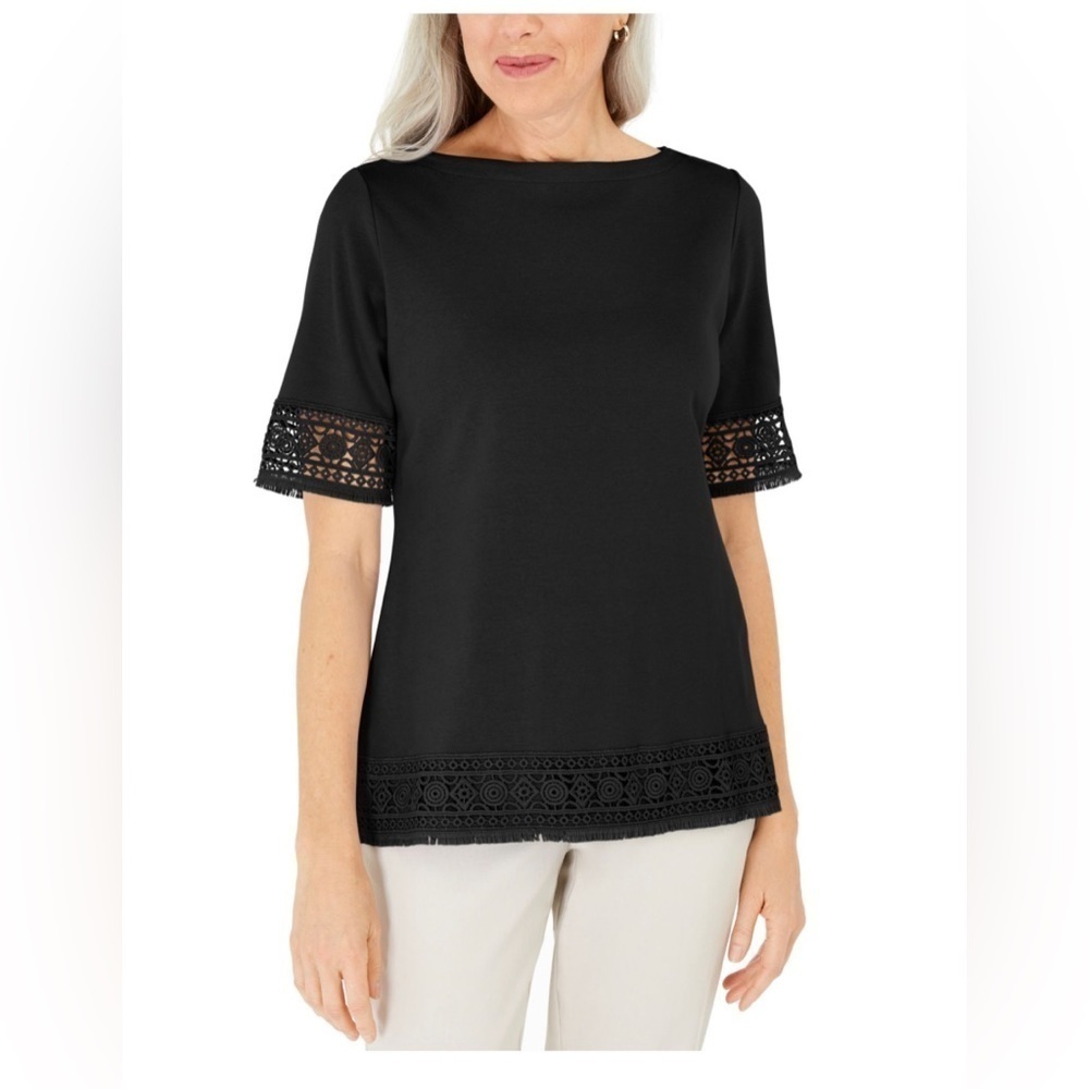 Karen Scott Womens Black Stretch Crocheted Short Sleeve Boat Neck Top - Small